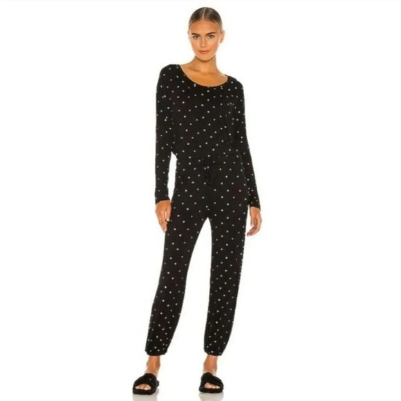 Plush x Revolve ULTRA SOFT HEART JERSEY PJ + SCRUNCHIE SET IN BLACK MULTI Sz XS - Picture 1 of 11